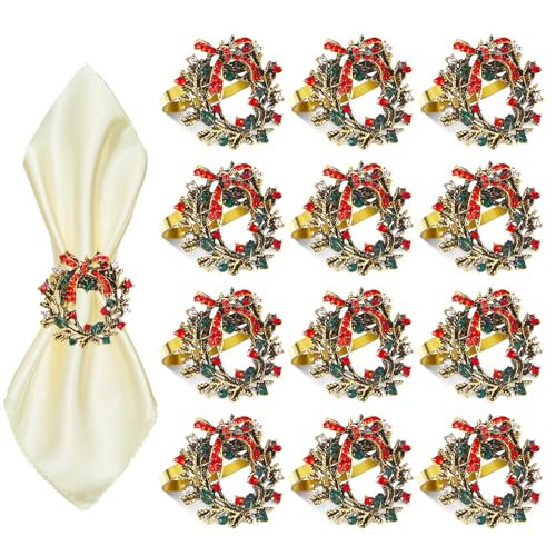 ZeeDix Christmas Wreath Napkin Rings Set of 12, Holiday Rhinestone Christmas Napkin Ring Holders for Cloth Napkins, Napkin Buckle for Thanksgiving Holiday Dinner Table Decor | Amazon (US)