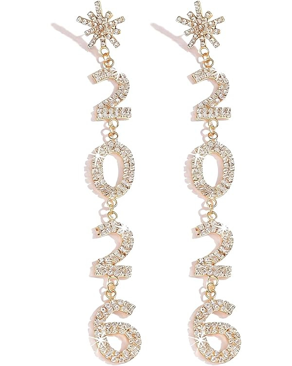 New Years Earrings for Women 2026: Sparkling 2026 Shape Dangle Earrings with Rhinestones & Pearls... | Amazon (US)