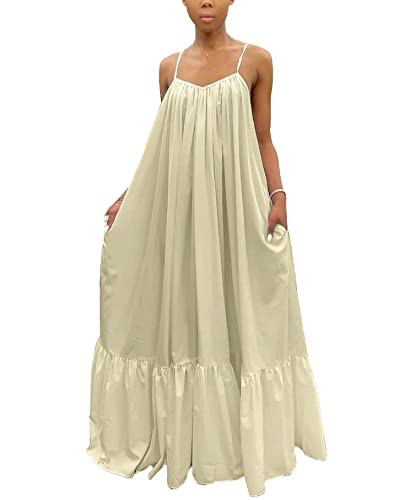 Women's Sexy Spaghetti Strap Sleeveless Ruched Ruffle Hem Bandage Oversized Beach Loose Long Maxi Swing Dress Apricot M | Amazon (US)