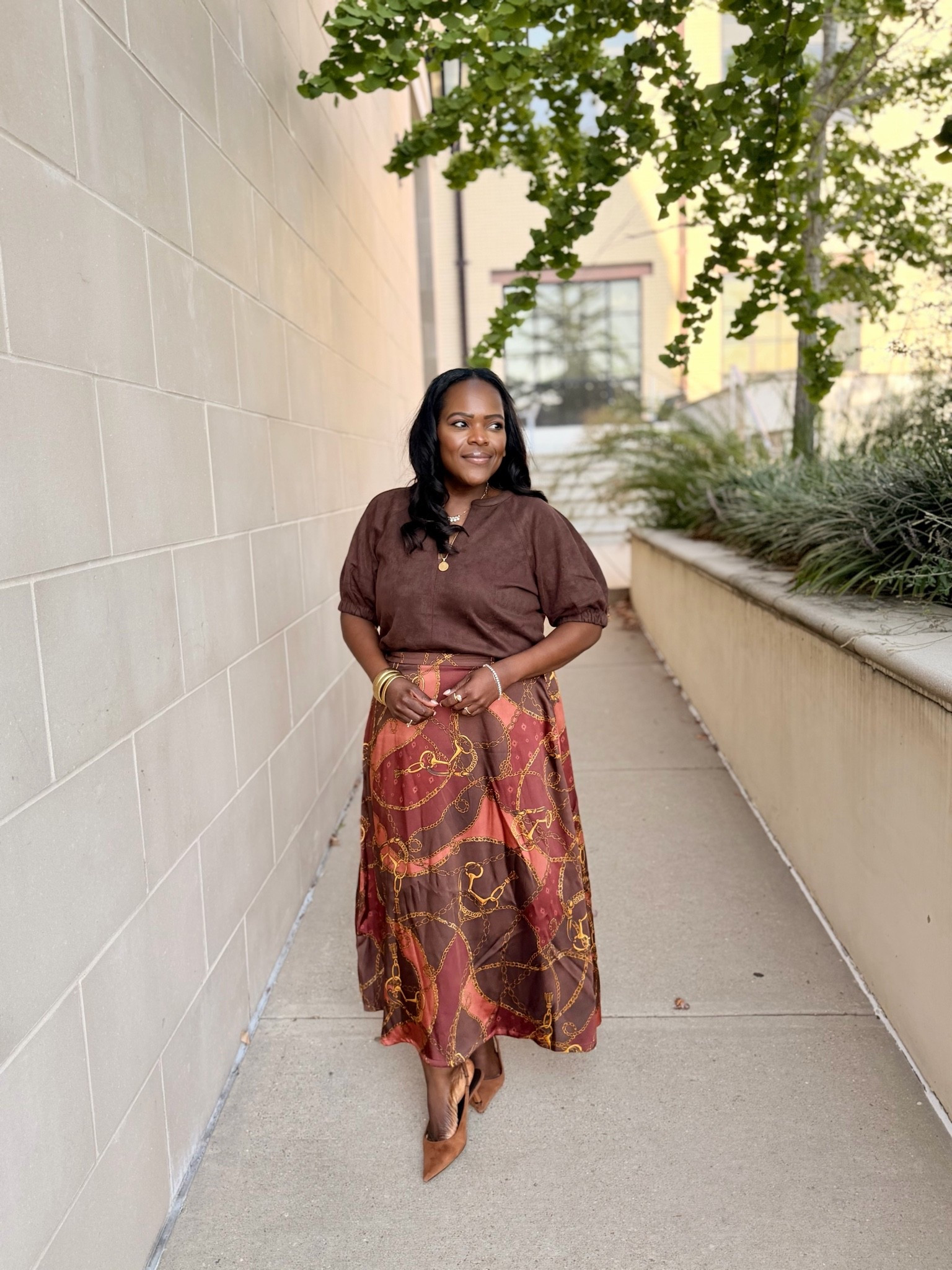 Fall workwear inspo 🤎 suede blouse / horsebit satin skirt / satin midi skirts / shades of brown