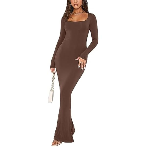 Verdusa Women's Long Sleeve Square Neck Bodycon Maxi Long Dress | Amazon (US)