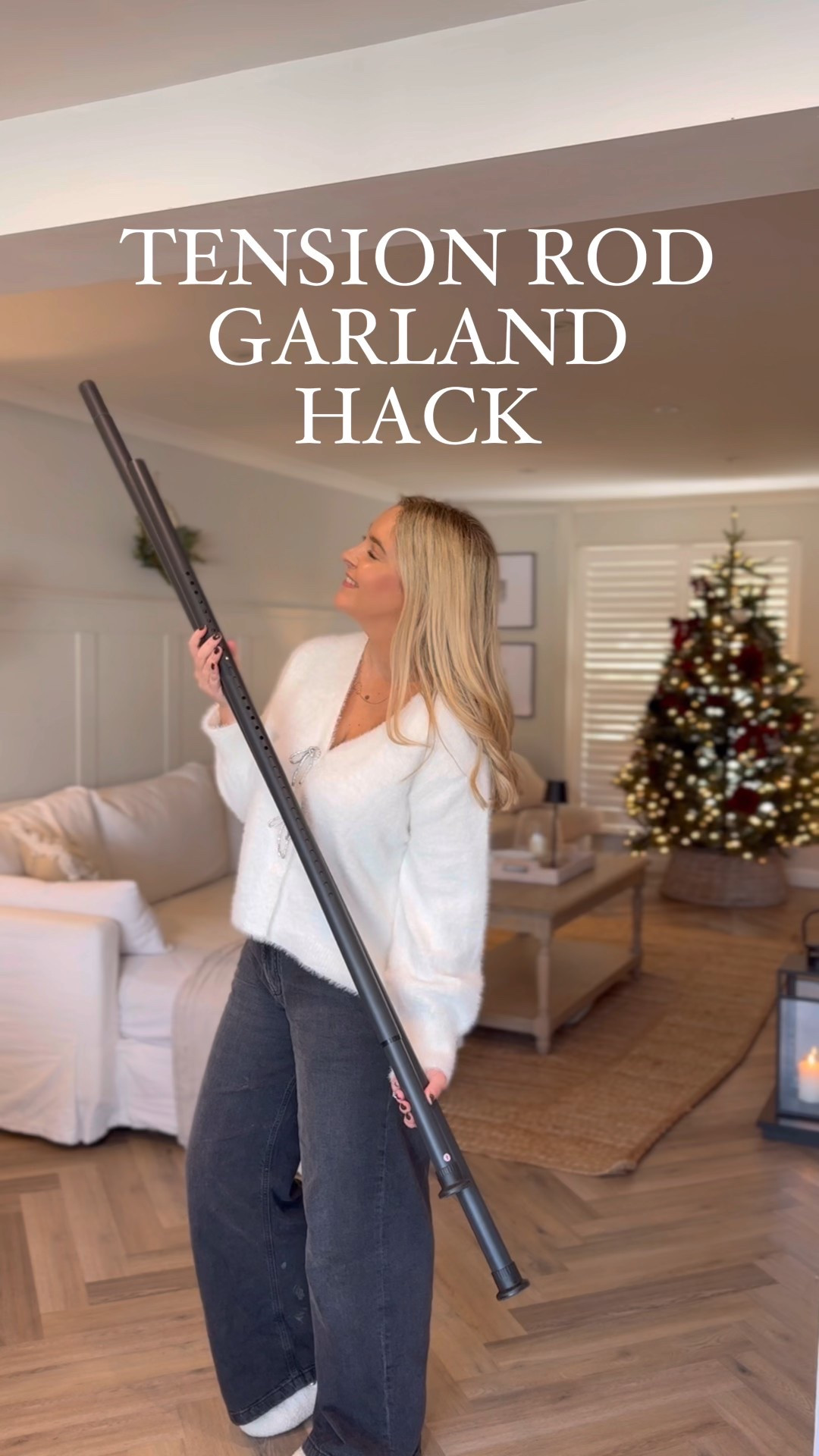 Tension garland hack!!! Linked everything I’ve used to make this! This tension rod is the best suitable for long spaces! And all rubber so doesn’t damage walls! 
Christmas garland festive home decor garland 