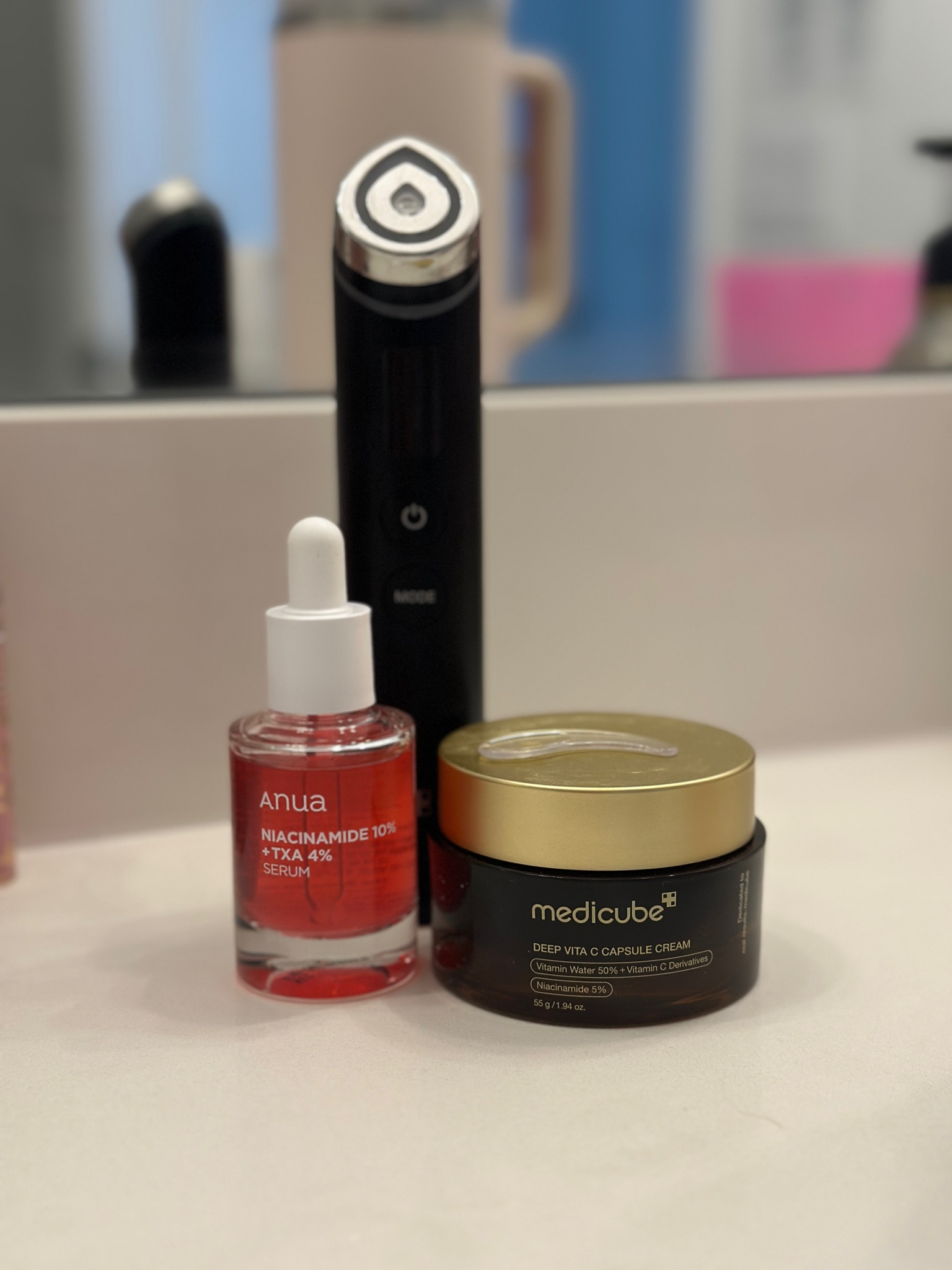 A perfect trio for banishing dark spots/discoloration (TXA pink solution) & protecting/brightening with Korean skincare that gives MAJOR results. 
Brightening solution is this vitamin C suspended capsules from Medicube use with the 6-1 wand for best results. 

I do Airshot mode 3X a week on level 3 & TXA 1-3 times a week.
Vitamin C can be used every morning under makeup. 

#LTKBeauty