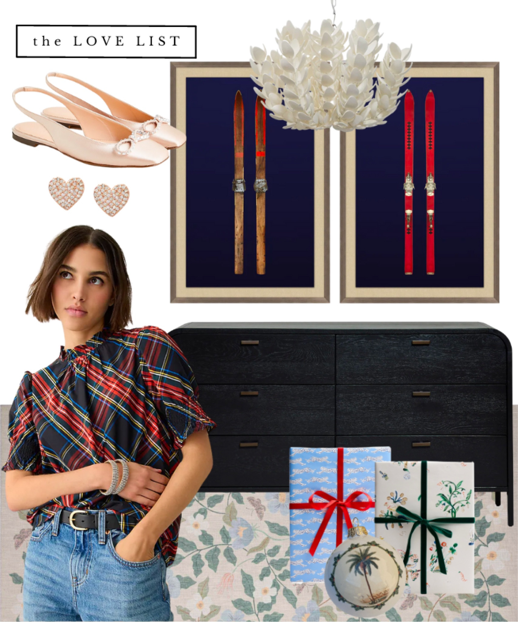 Mix botanicals and florals for a fresh festive look. Modern ski art, black dresser, floral chandelier and designer wrapping paper. A smocked tartan too, slingback flats, and heart stud earrings. 

#LTKHoliday #LTKhome #LTKSeasonal