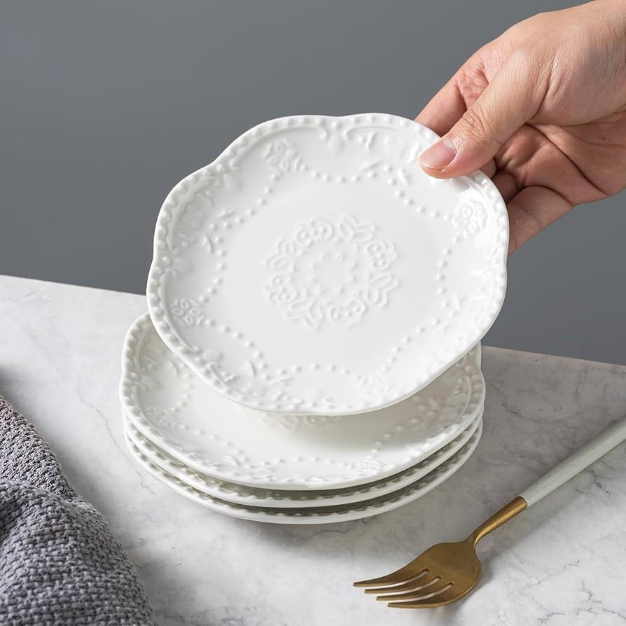 White Small Dessert Plates Set of 4,Ceramic Dinner Plates 6 Inch for Appetizer, Fruits, Cake, Sal... | Amazon (US)