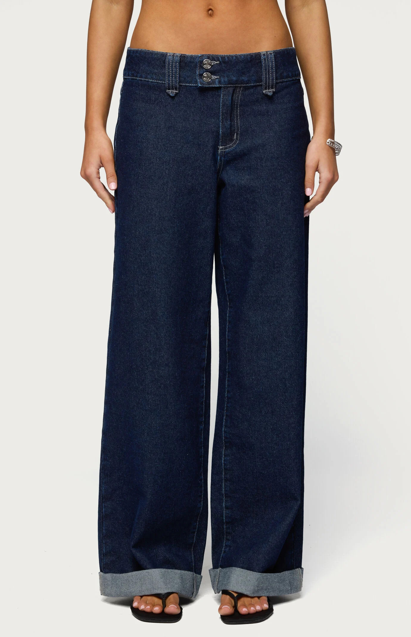 Edikted Women's Cuffed Low Rise Straight Leg Jeans in Indigo Rinse - Size XS | PacSun
