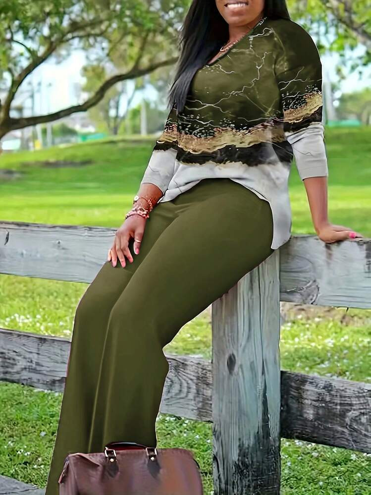 Plus Size Elegant V-Neck Printed Long Sleeve T-Shirt And Pants 2 Pieces Set | SHEIN