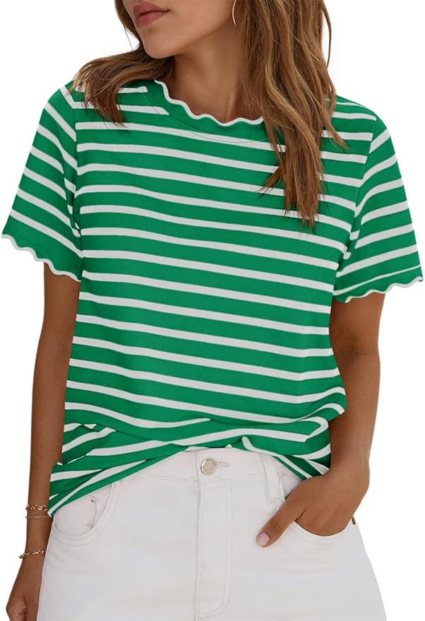 Tankaneo Womens Short Sleeve Striped Tshirts Summer Color Block Scalloped Tops Trendy Casual Basi... | Amazon (US)