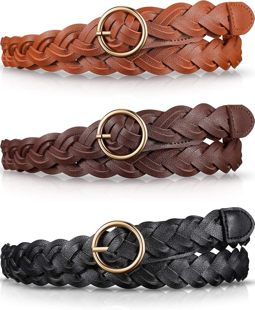 SATINIOR 3 Pcs Women's Braided Leather Belt Skinny Woven Braided O Ring Buckle Leather Belt for D... | Amazon (US)