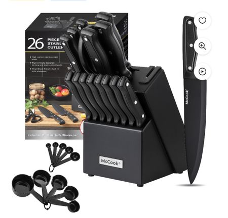 McCook DISHWASHER SAFE MC701 Black Knife Sets of 26, Stainless Steel Kitchen Knives Block Set with Built-in Knife Sharpener,Measuring Cups and Spoons