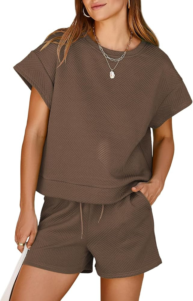 Dokotoo Women's 2 Piece Outfits Sweatsuit Casual Short Sleeve Pullover Tops and Drawstring Shorts... | Amazon (US)