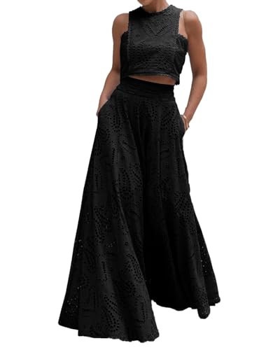 dsumvns Women's Lace Eyelet 2 Piece Skirt Set Sleeveless Crop Tops Long Trendy Embroidery Flowy Swing Party Club Skirt Set | Amazon (US)