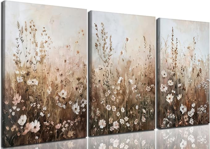 CHTEXA Wildflower Wall Art Canvas Set of 3, Rustic Neutral Botanical Prints, Beige Brown Meadow A... | Amazon (US)