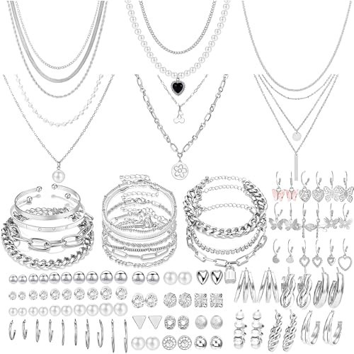 NEWITIN 69 Pieces Silver Jewelry Set for Women Fashion Costume Jewelry Silver Plated Necklace Bracelet Earrings Set for Women | Amazon (US)