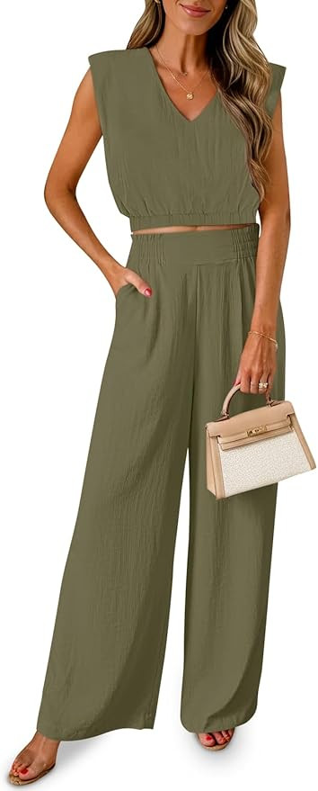 Fisoew Women's 2 Piece Outfits Summer Linen Lounge Sets Sleeveless v Neck Crop Top Wide Leg Pants... | Amazon (US)