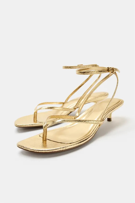METALLIC KITTEN HEEL SANDALS | Zara US