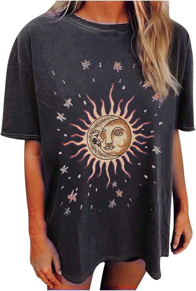 Women Oversized T Shirt Novelty Summer Short Sleeve Crewneck Tops Tunic Blouse | Amazon (US)
