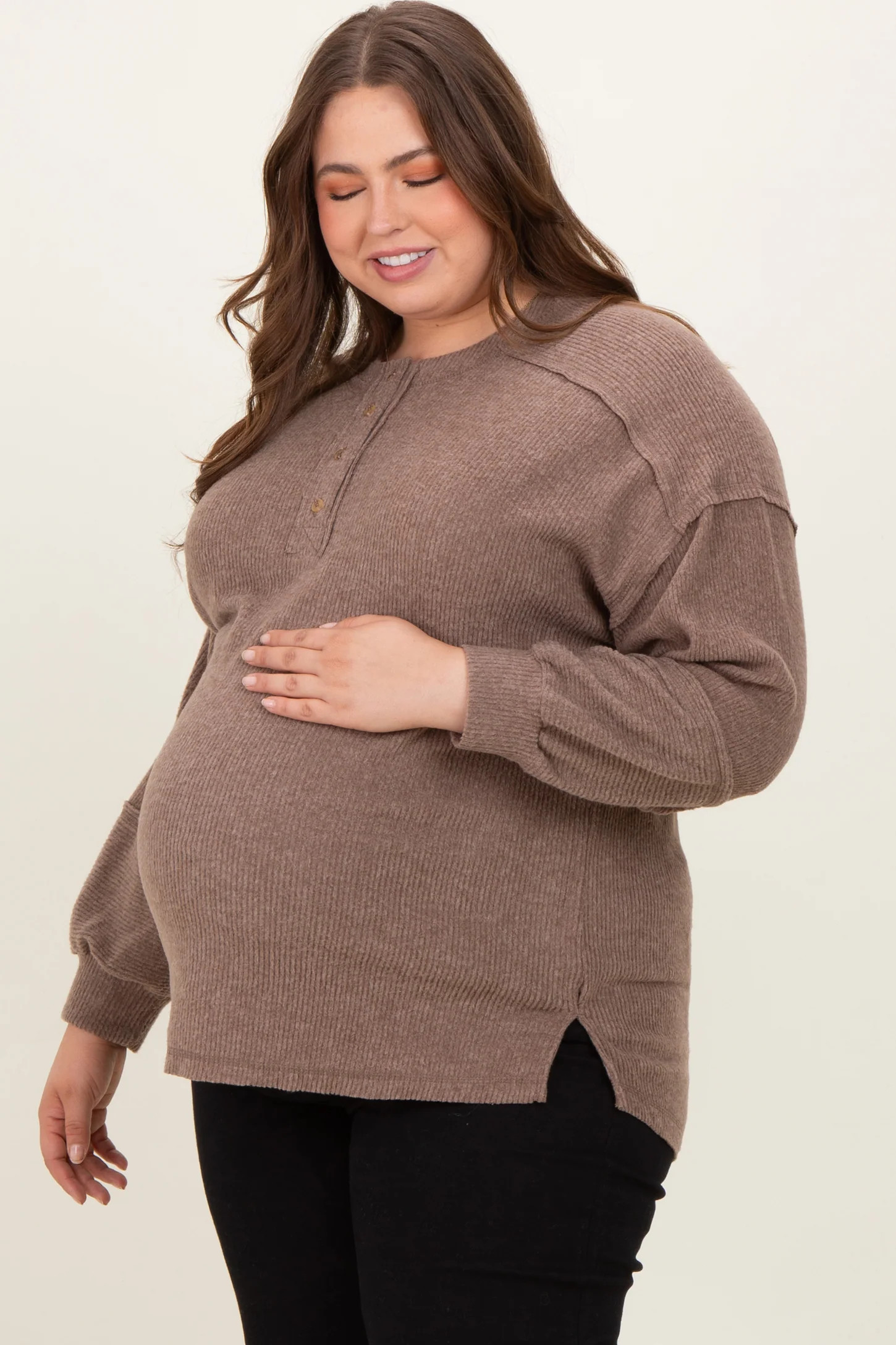 Mocha Oversized Ribbed Knit Henley Maternity Plus Sweater | PinkBlush Maternity