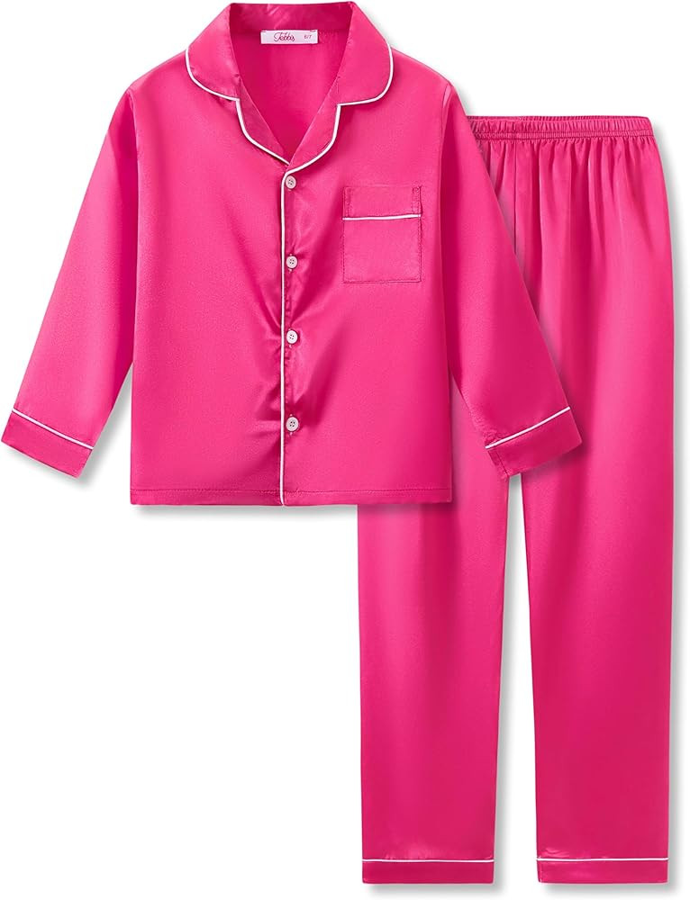 Tebbis Satin Pajamas for Girls - Neon Pink Cute Silky Long Sleeves & Pants Sleepwear PJ Set Size ... | Amazon (US)