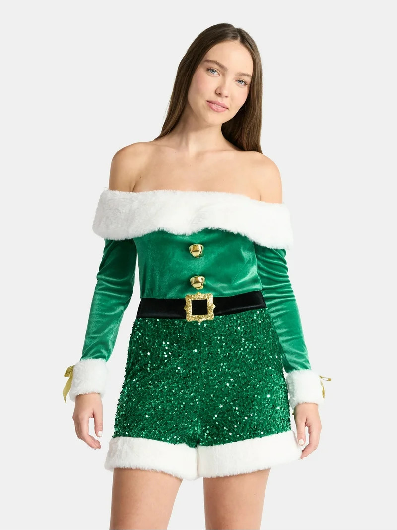 No Boundaries Christmas Elf Romper with Faux Fur, Women’s | Walmart (US)
