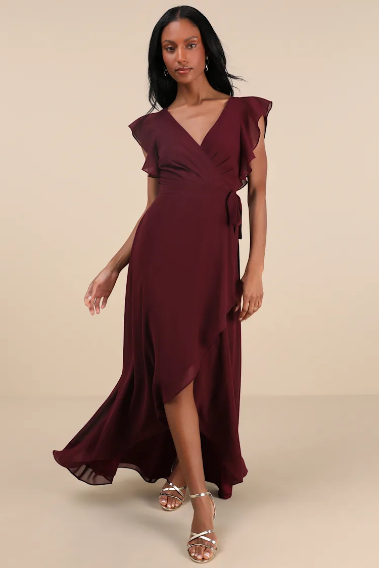 Ravishing Charm Burgundy Ruffled Wrap High-Low Maxi Dress | Lulus