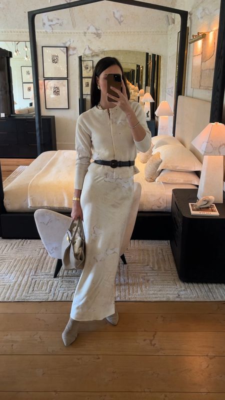 All white ivory outfit, cream wool cardigan, & other stories, croc leather waist belt, cream maxi satin slip skirt, demellier New York bag, gold earrings, spring style, old money style, weekend outfit, Sunday style

#LTKstyletip #LTKitbag #LTKVideo