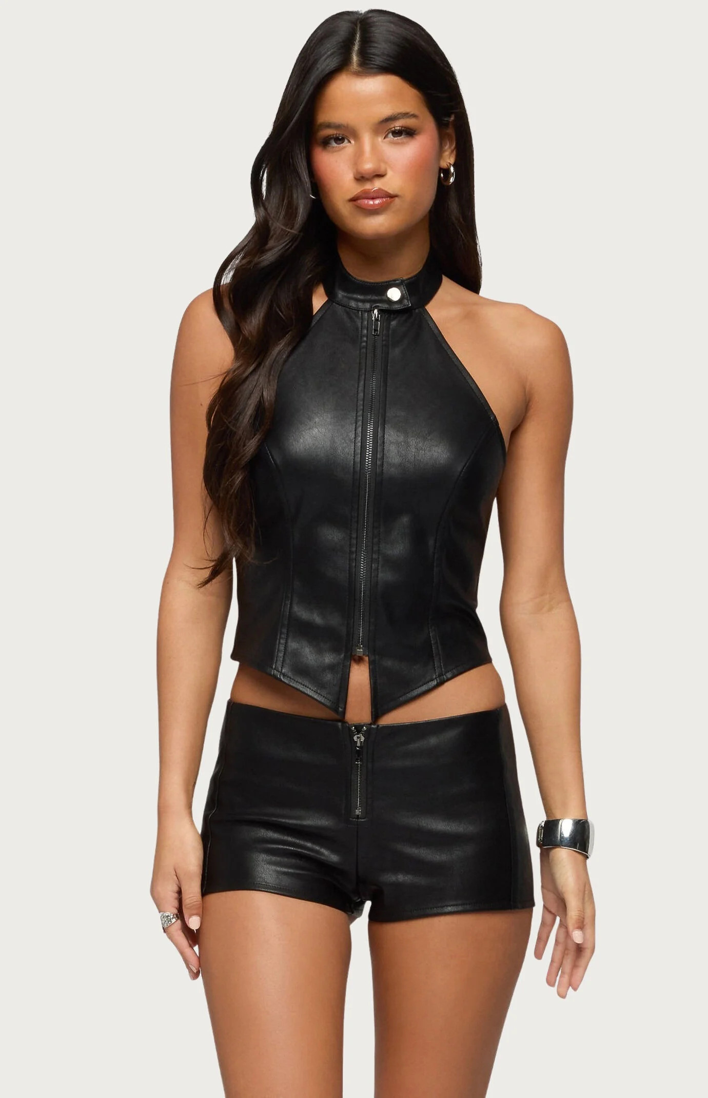Edikted Women's Diana Zip Up Faux Leather Halter Top in Black - Size XS | PacSun