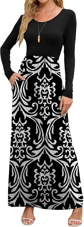 DEARCASE Women's Maxi Dress Long Sleeve Crewneck Loose Plain Casual Empire Waist Fall Party Long ... | Amazon (US)