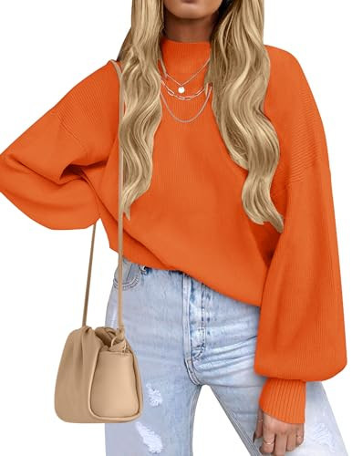 ZESICA Women's Casual Turtleneck Long Lantern Sleeve Fall 2026 Oversized Ribbed Knit Pullover Sweater Jumper Top,Orange,Small | Amazon (US)