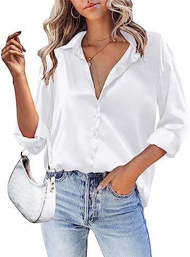 HOTOUCH Women Satin Silk Button Down Shirt Ladies Long Sleeve Tops V Neck Loose Blouse Dressy Bus... | Amazon (US)