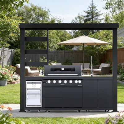 107.8" Outdoor Kitchen Island 6-Burner 85000 BTU Stainless Steel Gas Grill With Refrigerator, Rotisserie & Granite Countertop | Wayfair North America