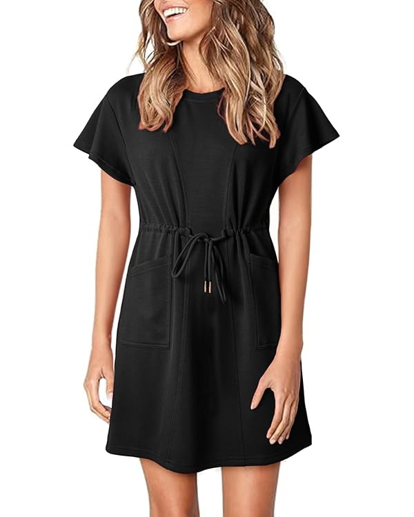 EVALESS Womens Spring Summer Dresses 2025 Casual Round Neck Ruffle Short Sleeve Flowy A Line Mini... | Amazon (US)