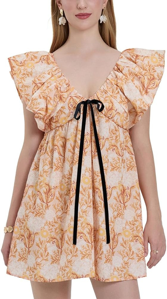 Sastianaen Women Y2k Floral Print Mini Dress Boho V Neck Puff Sleeve Short Dress Bow Tie Flowy Dr... | Amazon (US)