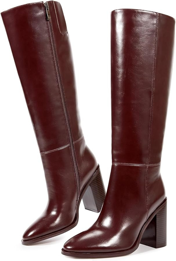 ISNOM Knee High Boots Women Almond Toe Chunky Boots for Women Tall Boots with Full Side Zipper Hi... | Amazon (US)