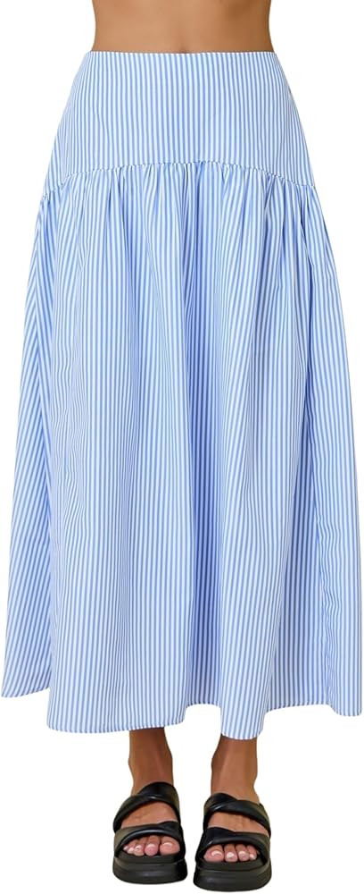 Mannjin Women's Stripe Flared Maxi Skirt with Smocked High Back Waist Long Skirts Summer Beach Va... | Amazon (US)