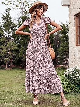 PRETTYGARDEN Womens Dresses 2023 Boho Dress Short Sleeve V Neck Swiss Dot Ruffle Tiered Maxi Dres... | Amazon (US)