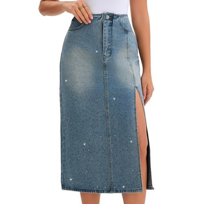 INSPIRE CHIC Women's Denim Casual Side Split A Line Stretchy Pencil High Waist Midi Skirts Small Gray Blue | Target