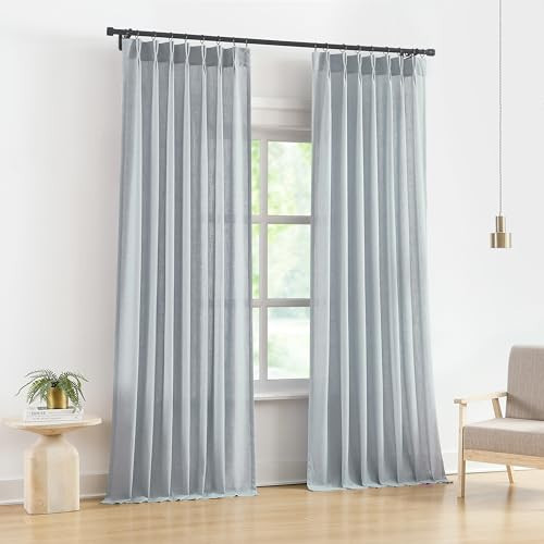 Vision Home Blue Grey Linen Pinch Pleated Semi Sheer Curtains 40Wx90Lx2 | Amazon (US)