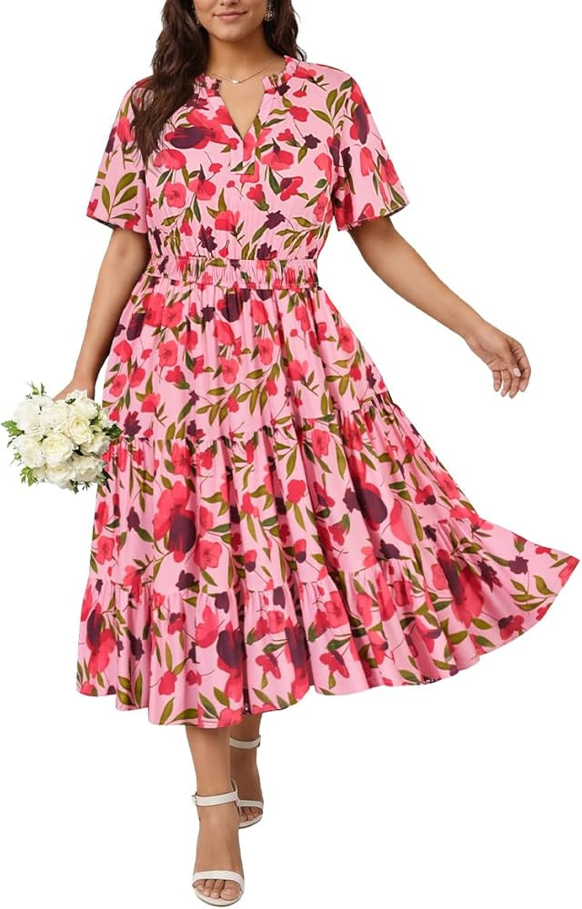 RITERA Plus Size Dresses for Women Smocked Ruffle V Neck Short Sleeve Summer Flowy Boho Wedding D... | Amazon (US)