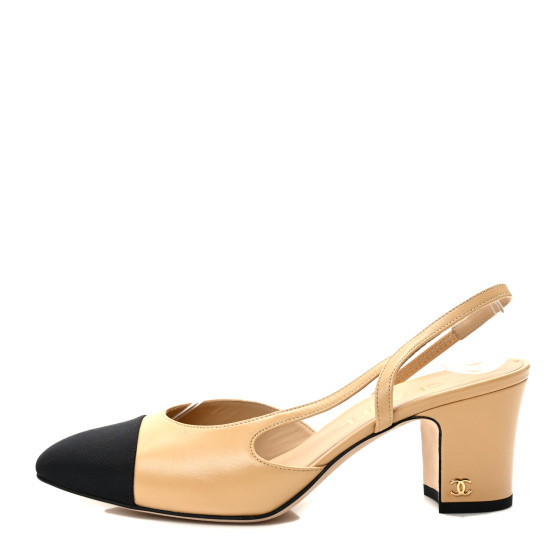 Goatskin Grosgrain Cap Toe CC Slingback Pumps 38 Beige Black | FASHIONPHILE (US)