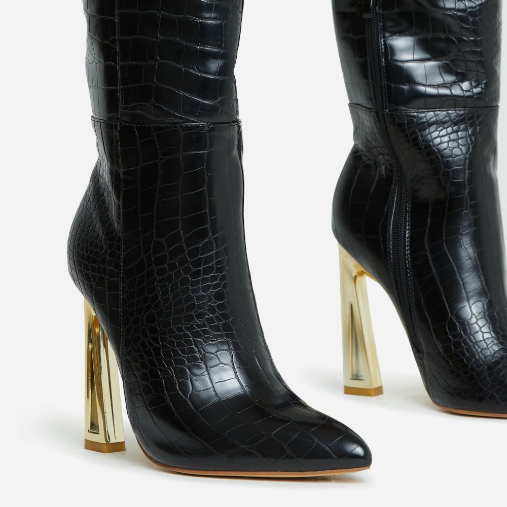 Role-Play Pointed Toe Cut Out Metallic Heel Knee High Long Boot In Black Croc Print Faux Leather | EGO Shoes (US & Canada)