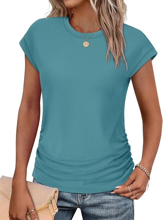 SAMPEEL Womens Summer Tops Trendy 2025 Ruched Cap Short Sleeve Tshirts Shirts Crew Neck T Shirts ... | Amazon (US)