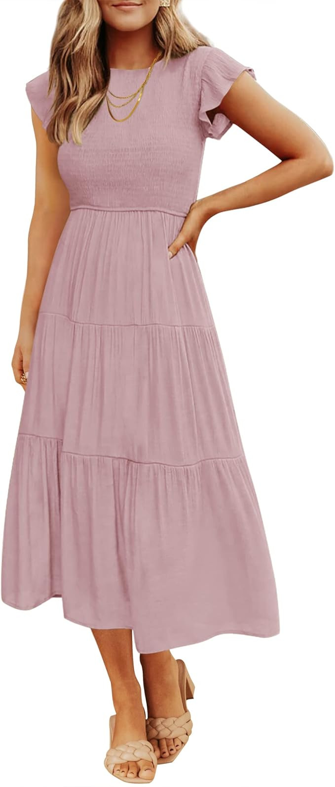 ZESICA Women's 2023 Summer Casual Flutter Short Sleeve Crew Neck Smocked Elastic Waist Tiered Mid... | Amazon (US)