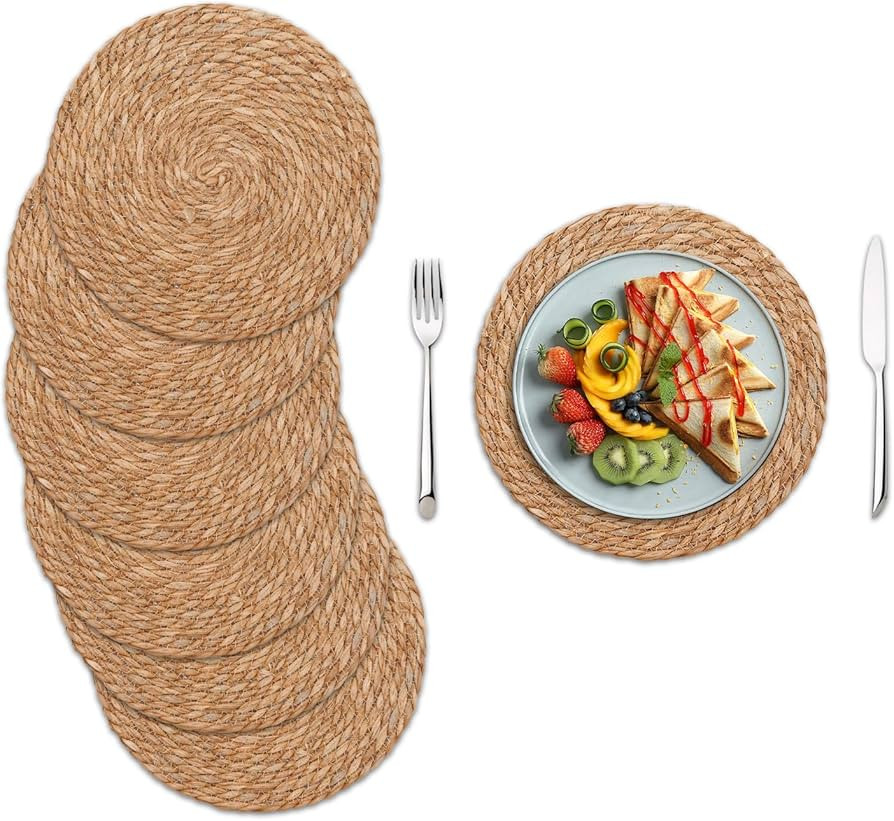Round Woven Placemats Set of 6, 12 Inch Boho Farmhouse Rattan Placemats Rustic Braided Wicker Tab... | Amazon (US)