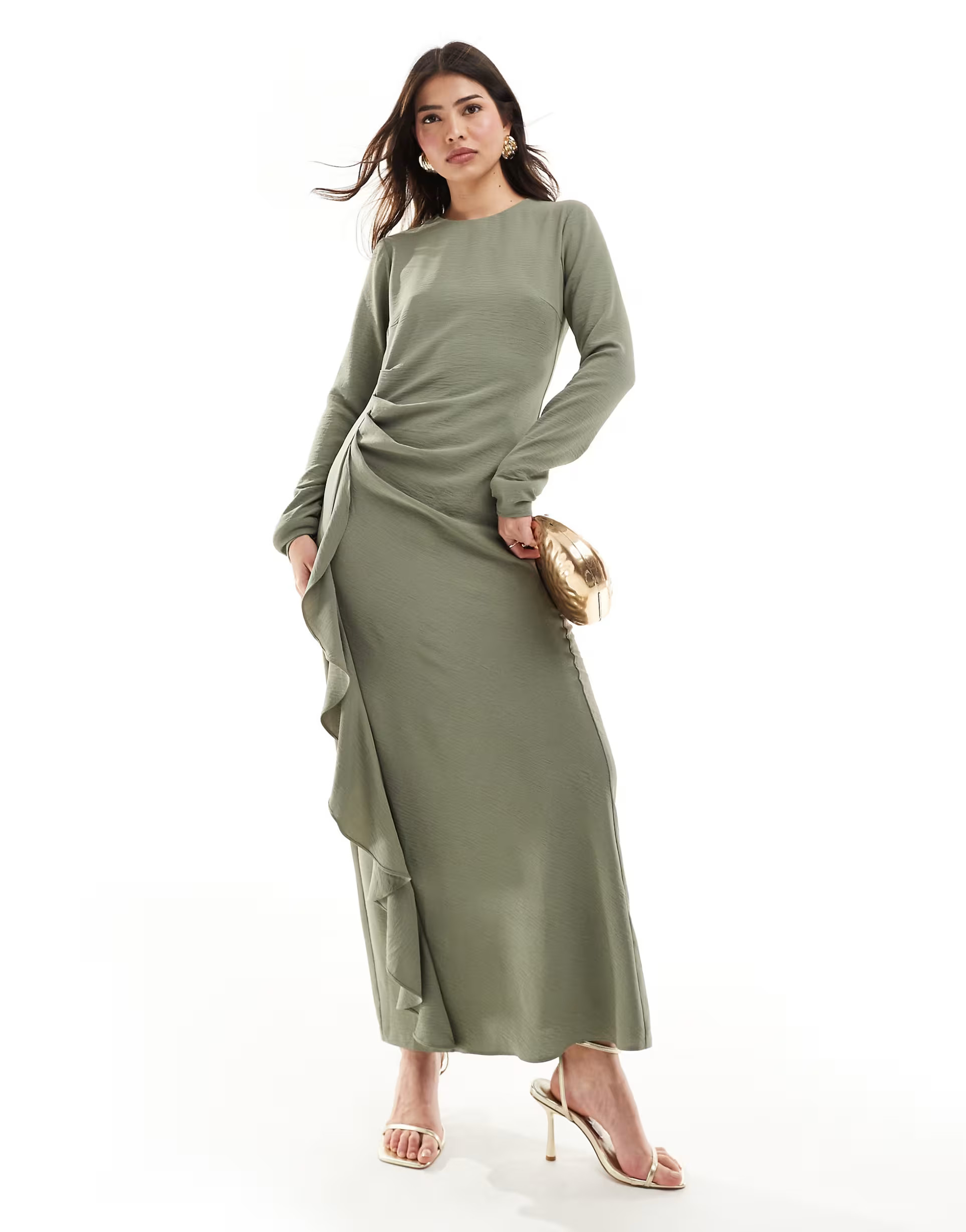 ASOS DESIGN ruched waist asymmetric hem maxi dress in sage green | ASOS | ASOS (Global)