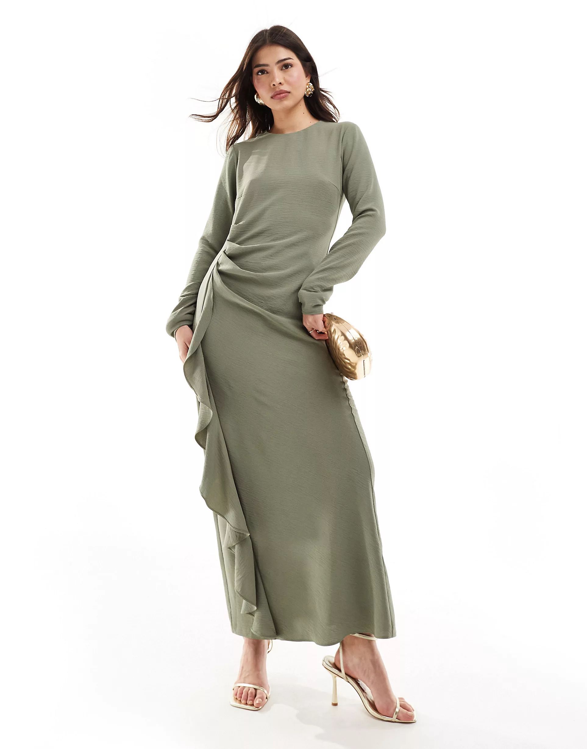 ASOS DESIGN ruched waist asymmetric hem maxi dress in sage green | ASOS | ASOS (Global)