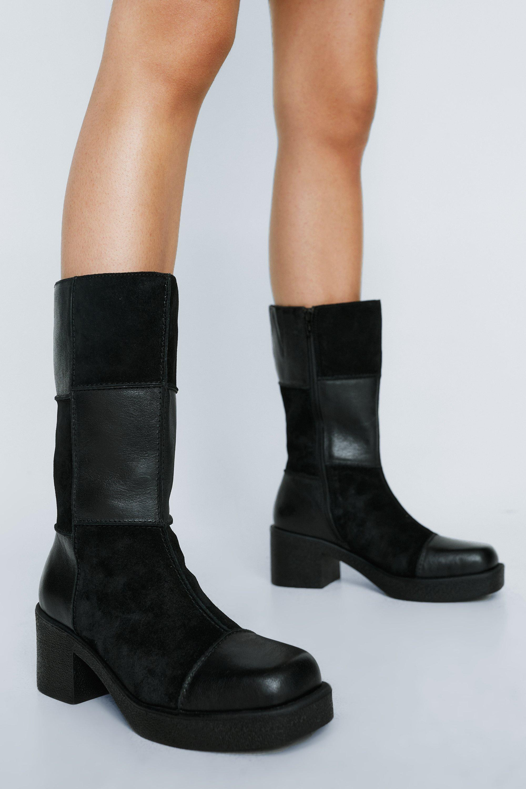 Womens Leather And Suede Patchwork Boots - Black - 6 | Nasty Gal (US)