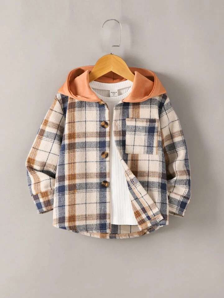SHEIN Kids EVRYDAY Toddler Boys Plaid Print Hooded Shirt Without Tee | SHEIN