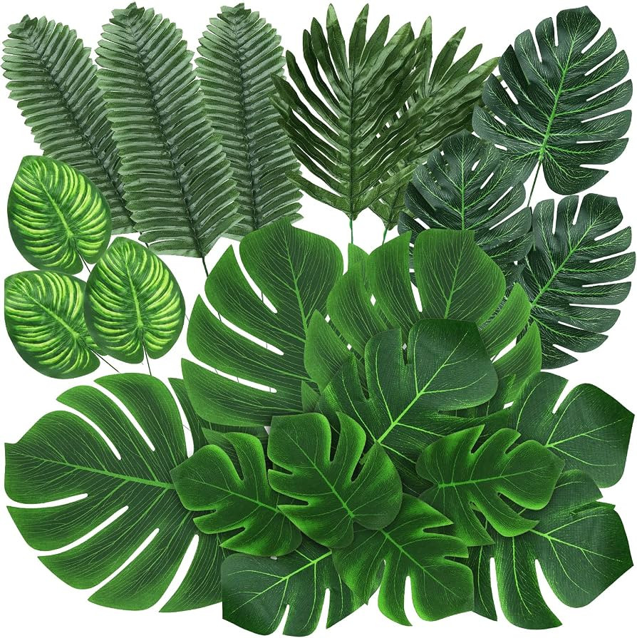 QUANQIUFEI 74 Pcs 7 Kinds Artificial Palm Leaves Tropical Fake Leaves, Monstera Leaf for Safari J... | Amazon (US)