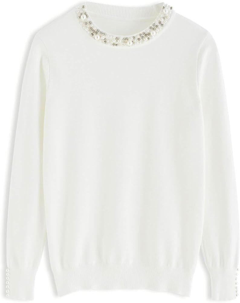 CHICWISH Women's Caramel/Black/Navy/Dusty Blue/Cream/White Pearl Trimmed Soft Knit Top | Amazon (US)